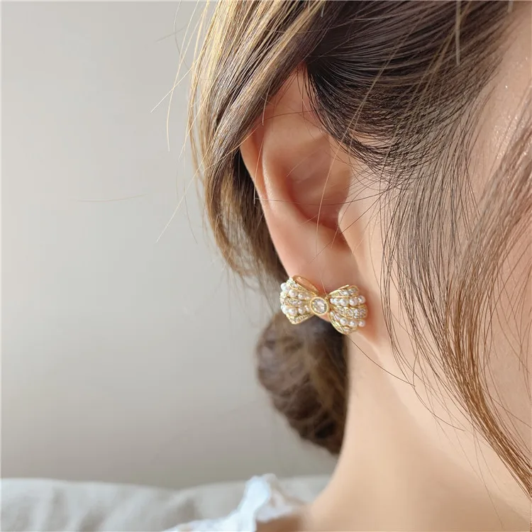 Stud Earrings for Women Fashionable Pearl Bow Light Luxury Party Birthday Present Jewelry Wholesale | Украшения и аксессуары