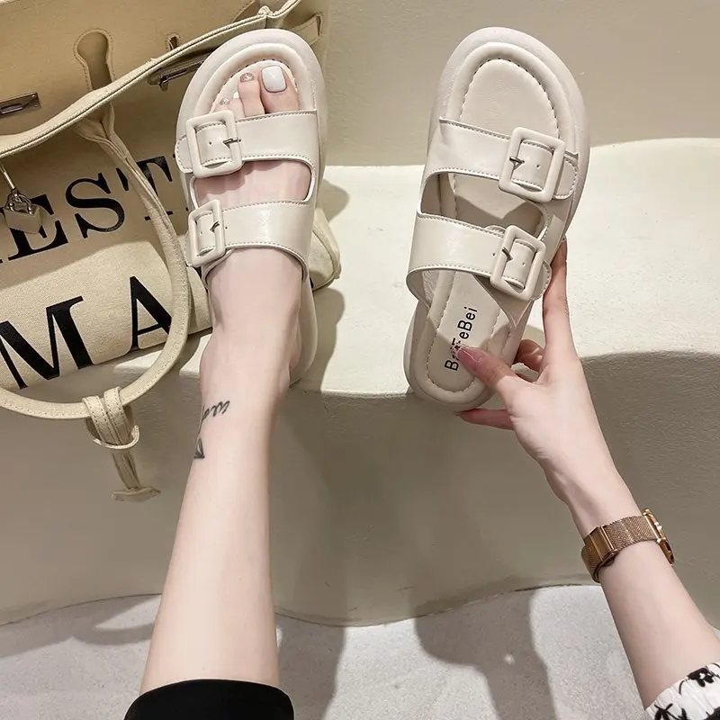 

Slippers Women Summer Shoes Low Slides Fashion Platform Shale Female Beach Pantofle Luxury Flat Sabot 2021 Basic Buckle Strap Ro