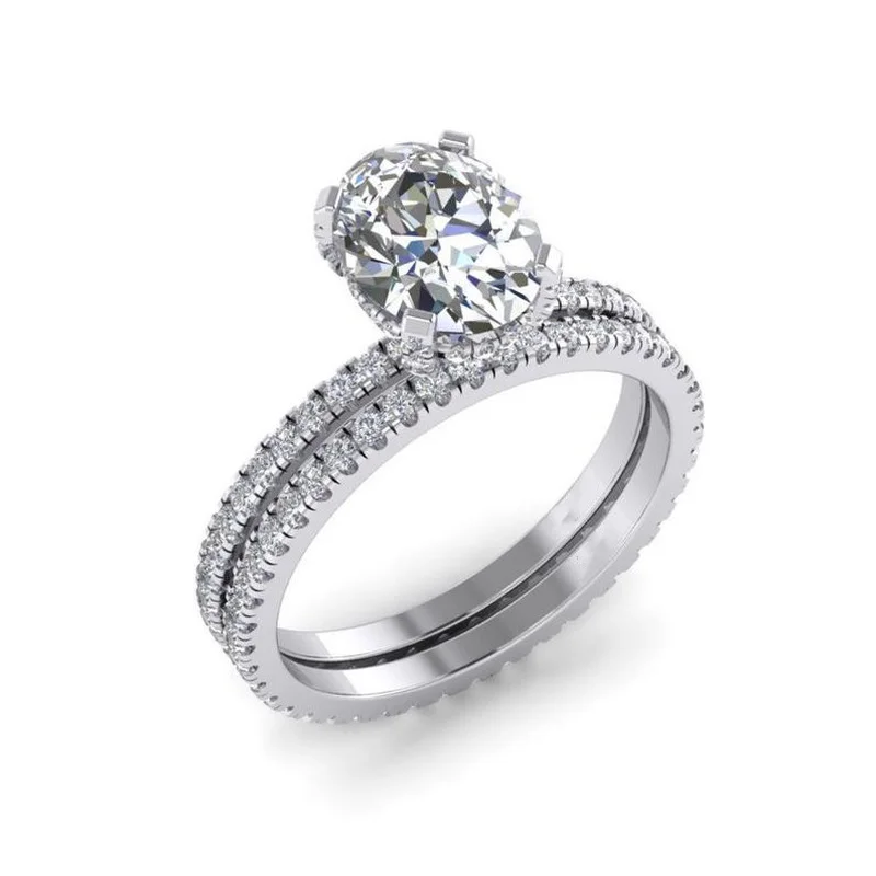 

2 Pcs/Set Trendy Silver Color White Oval Crystal Zircon Lover's Couple Alloy Ring for Boy Girl Women Men Wedding Jewelry