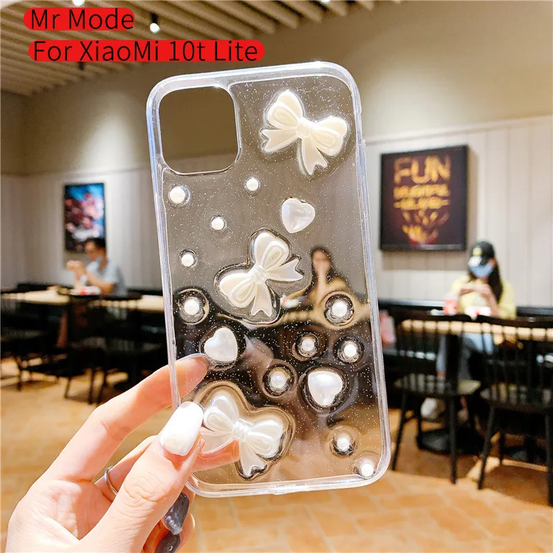 

Cute Epoxy Pearl Bow Knot Transparent Glitter Phone Case For XiaoMi 11 10 9T Pro Lite For RedMi K40 K30 K20 Pro Protective Shell