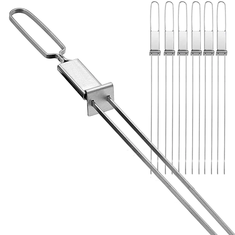 

Grilled Skewers-32.5 Cm Long Double-Pronged Barbecue Skewer With Push Rod Stainless Steel Skewers