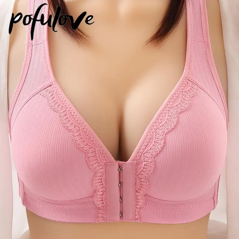 

Front Closure Bra Push Up Bras for Women Pink Wire Free Gathered Bralette Thin Cup Soft Underwear Seamless Sexy Brassiere Female