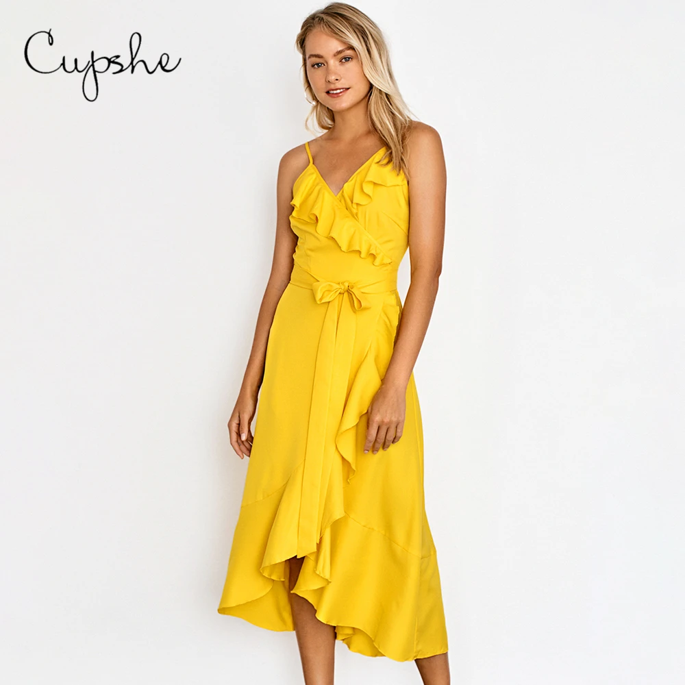 CUPSHE яркое желтое платье миди с оборками женское сексуальное без рукавов на