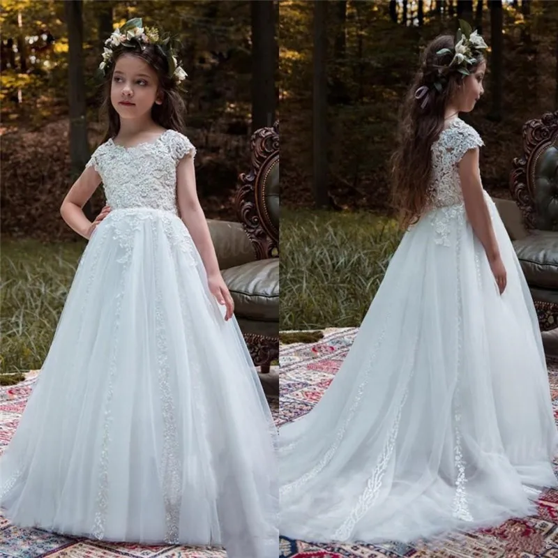 

White Lace Applique Top Flower Girl Dress for Wedding Party O Neck Tulle Kids Clothes First Communion Dress