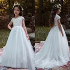 Тюлевое платье для девочек, с круглым вырезом, в цветочек, для свадьбы, первого причастия, аппликация из белого кружева