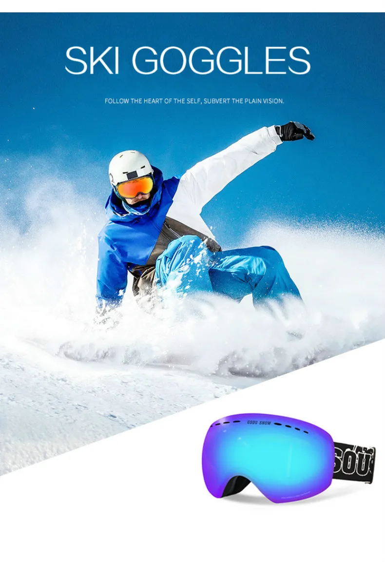 GSOU SNOW Ski Goggles Double Layers UV400 Anti-fog Big Ski Glasses Men Women Snowboarding Skiing Goggles With Packet