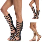 2021 г., летние винтажные римские сандалии модные кожаные сандалии-гладиаторы высокие сапоги до колена на плоской подошве женские сандалии, Zapatos d3