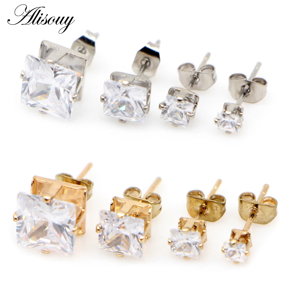 Alisouy 2pcs Punk Unisex Clear Square Zircon stainless Steel Women Men Earrings Ear Stud Helix Piercing female fashion Jewelry