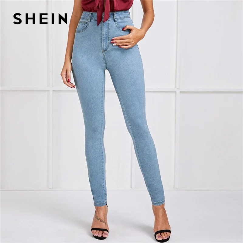 SHEIN светло-голубые облегающие повседневные джинсы на пуговицах, женские штаны, осень, уличная мода с высокой талией, длинные джинсовые брюки