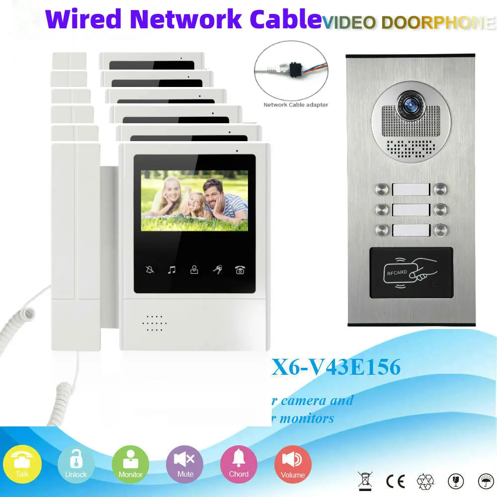 

4.3" Video Door Phone 1 to 6 Monitors For Apartment Families Doorbell Intercom Kits RFID 700TVL IR Camera Doorphone