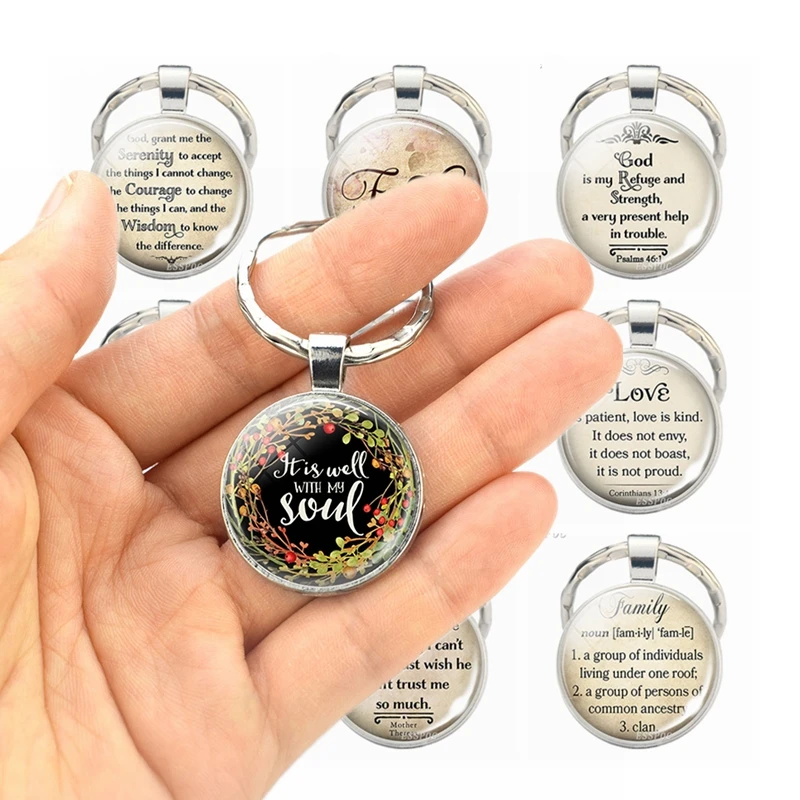 

Church Souvenir Bible Verse Metal Keychain Serenity Prayer Glass Cabochon Pendant Faith Jewelry Christian Thanksgiving Gift Gift