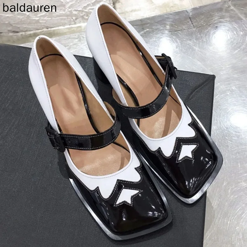 

New Brand Cchunky Mary Jane Women's Shoes Retro Square Toe Buckle Mixed Color Thick Heel High Heels Female Shoes