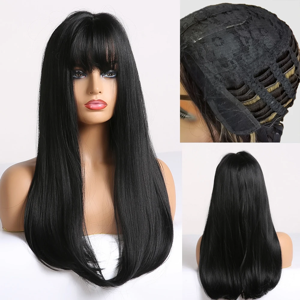 

LOUIS FERRE Synthetic Black Wigs with Bangs Long Straight Hair Wig for Women Afro Cosplay Lolita Wig Daily Heat Resistant Fibre