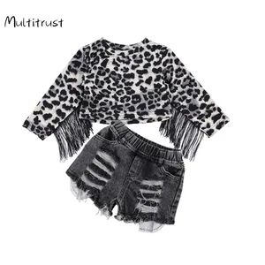 Комплект одежды для девочек, пуловер с леопардовым принтом, длинными рукавами и кисточками + джинсовые шорты, 2 шт., От 1 до 6 лет