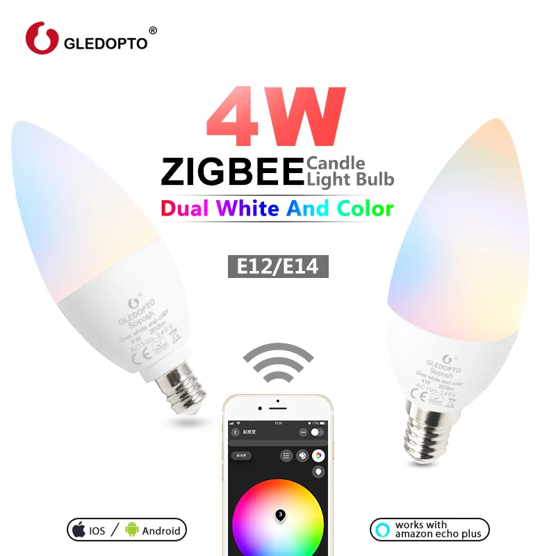 

1-4PCS GLEDOPTO Zigbee RGB+CCT LED 4W Smart Candle Light E12 E14 Remote Control Decorative Dimmable Bulb with Alexa Echo Plus