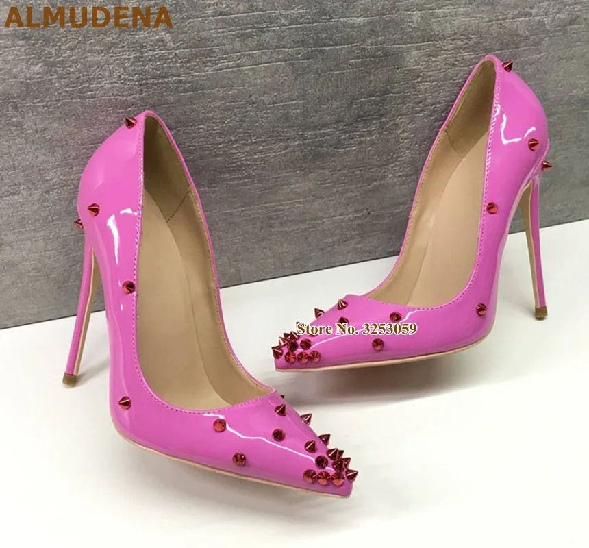 12cm heel as picture ALMUDENA/пикантные женские модельные туфли-лодочки с заклепками и острым носком; цвет белый, черный; Туфли-гладиаторы с золотыми заклепками; туфли-лодочки на шпильке 10 см, 12 см - Цвет: 12cm heel as picture