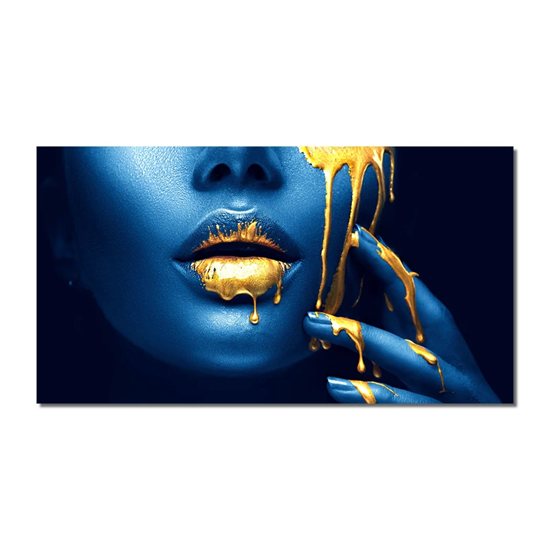 Blue and Gold Sexy Lips Oil Painting on Canvas Beauty Makeup Art Cuadros Posters and Prints Wall Art Picture for Living Room 6