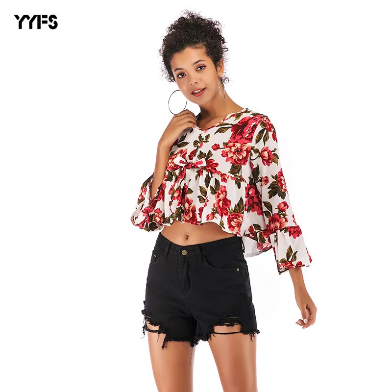 

2021 European and American stations spring strapless floral short bottoming chiffon shirt long-sleeved bow blouse women