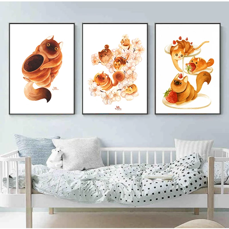 Мультяшная Толстая кошка поедать Картина на холсте принты и плакаты картина для