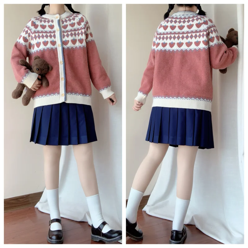 

Autumn Winter Knit Cardgian Women Japanese Sweet Cute Strawberry Pattern O-Neck Long Sleeve Jacket Girl Outer Coat Student Tops