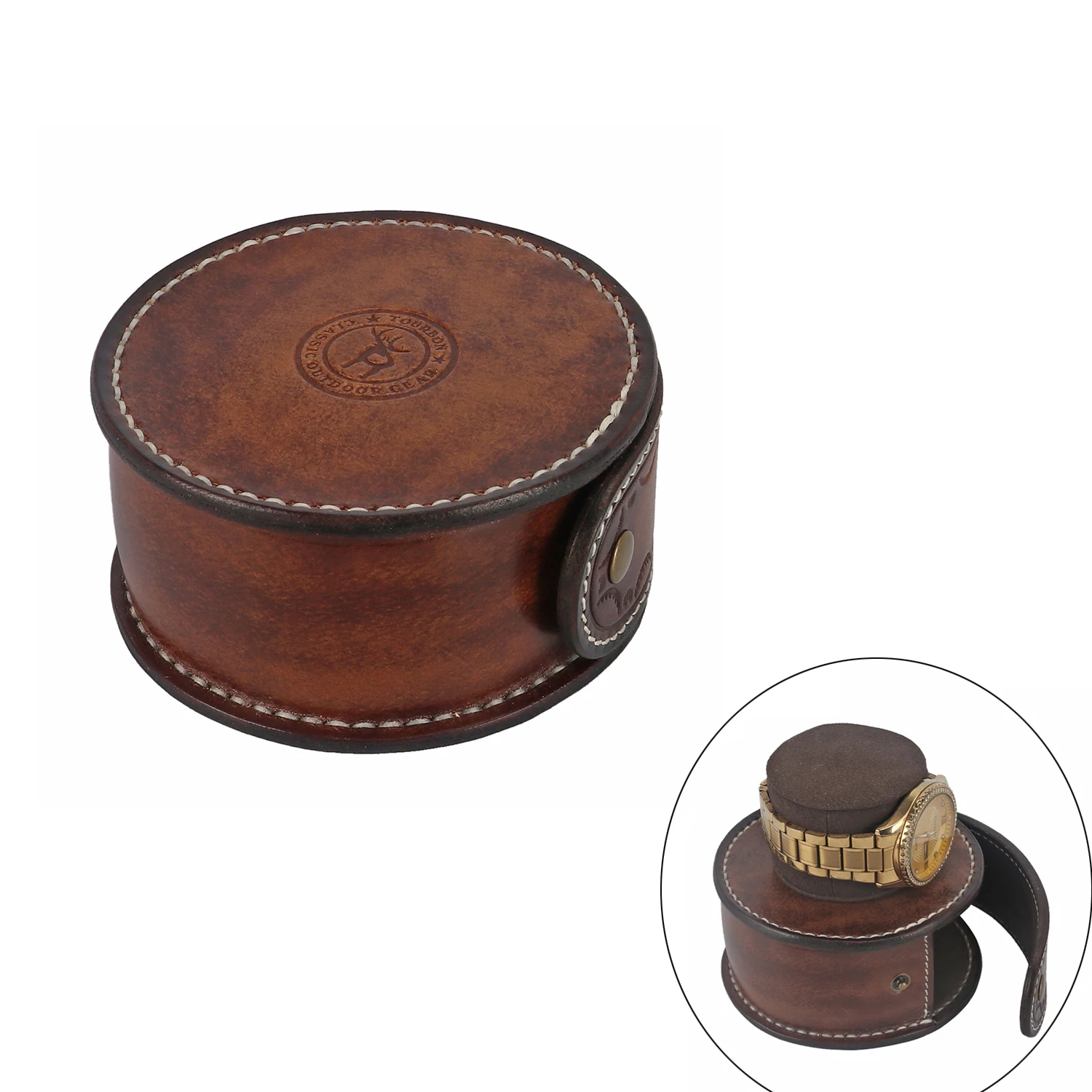 

Tourbon Retro Genuine Leather Portable Single Watch Storage Case Wristwatch Holding Box Pouch