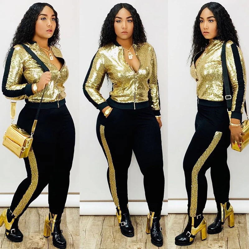 

Autumn Winter Sequin 2 Piece Set Women Tracksuit Long Sleeve Jacket Top Pants Suit Streetwear Sparkly Matching Sets Club Outfits