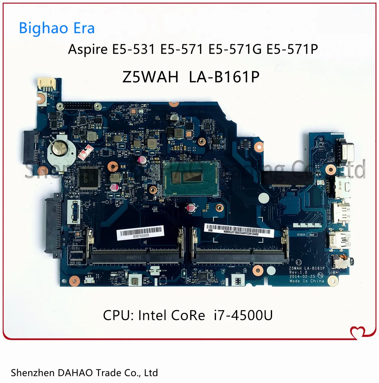 

Материнская плата Z5WAH LA-B161P для Acer Aspire E5-531 E5-571 E5-571P Материнская плата ноутбука с i7-4500U/i7-4510U CPU DDR3 100% полный тест