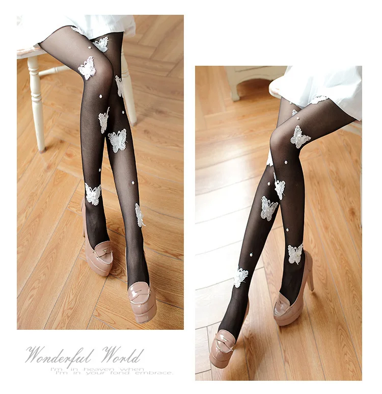 Autumn Winter Pantyhose Women Sweet Princess Embroidered Nails Beads Stockings Sexy Black Transparent Arbitrary Shearing Tights