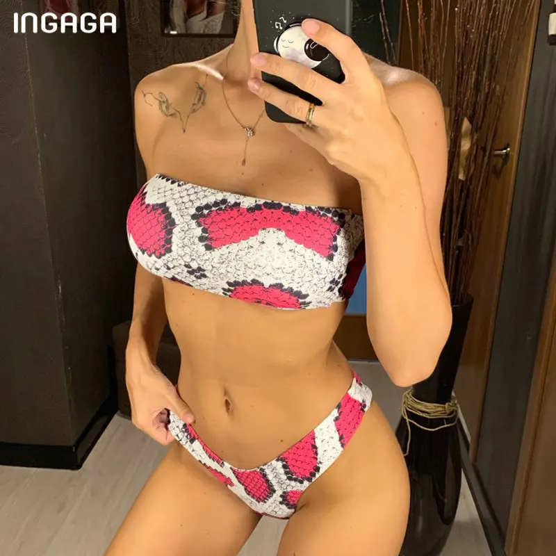 INGAGA, бикини с высокой посадкой,, бандо, купальник, стринги, Бикини со змеиным принтом, купальник для женщин, сексуальный купальник, женский летний пляжный костюм