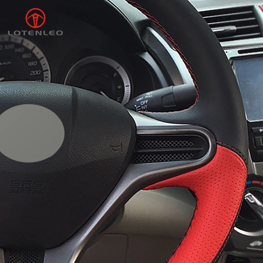 

LQTENLEO Black Red Leather DIY Hand Car Steering Wheel Cover for Honda Fit City 2009-2013 Jazz 2009-2013 Insight 2010-2014