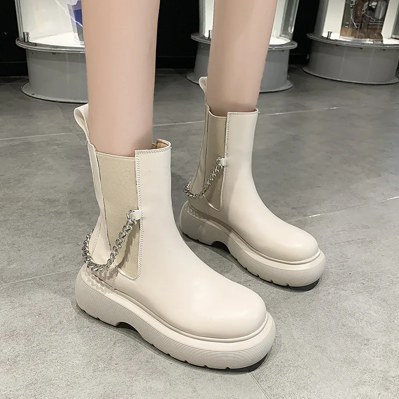 Elastic Chelsea Boots Women Fashion Metal Chain Punk Black Boots Female Casual Shoes High Top Ankle Shoes Thick Bottom