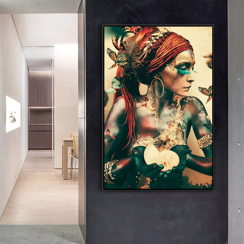 

African Woman with Butterfly Canvas Paintings on the Wall Art Posters And Prints Colorful Black Girl Art Picture Home Decoration