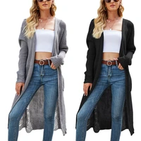 women%e2%80%99s long sleeve knitting hooded cardigan solid color ripped mid length knitted coat autumn casual hollow out sweater jacket