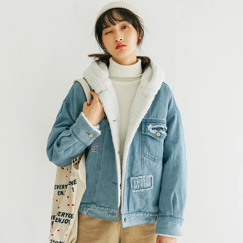 Зимнее плотное теплое флисовое джинсовое пальто для женщин Студенческая