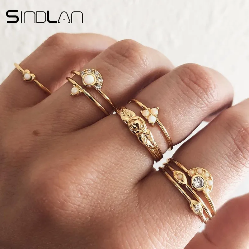 Женские кольца в стиле ретро Sindlan 8 шт. золотые стразы форме сердца и розы