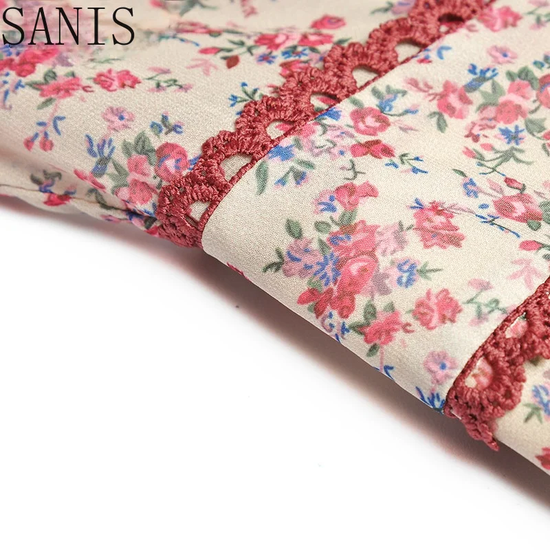 

Sanis Fashion Runway Female dress Spring Summer Women's Dress Stand collar Ruffles Floral-Print Vacation Dresses