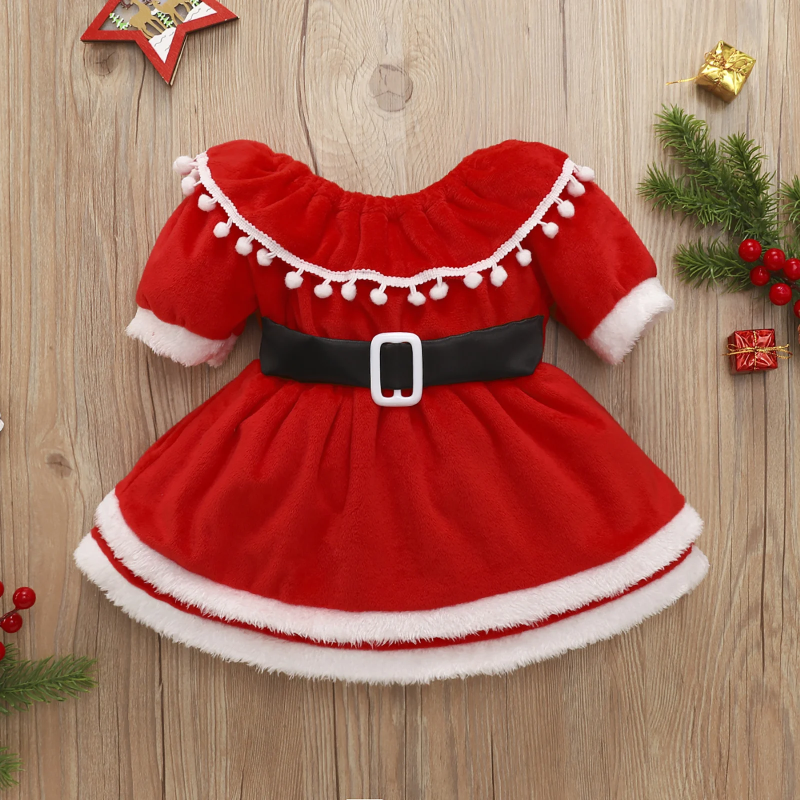 

Girl Christmas Dress Contrast Color Tassel Ball Ruffle Collar Short Sleeve Double-Layer Hem Dress for Party Vacation