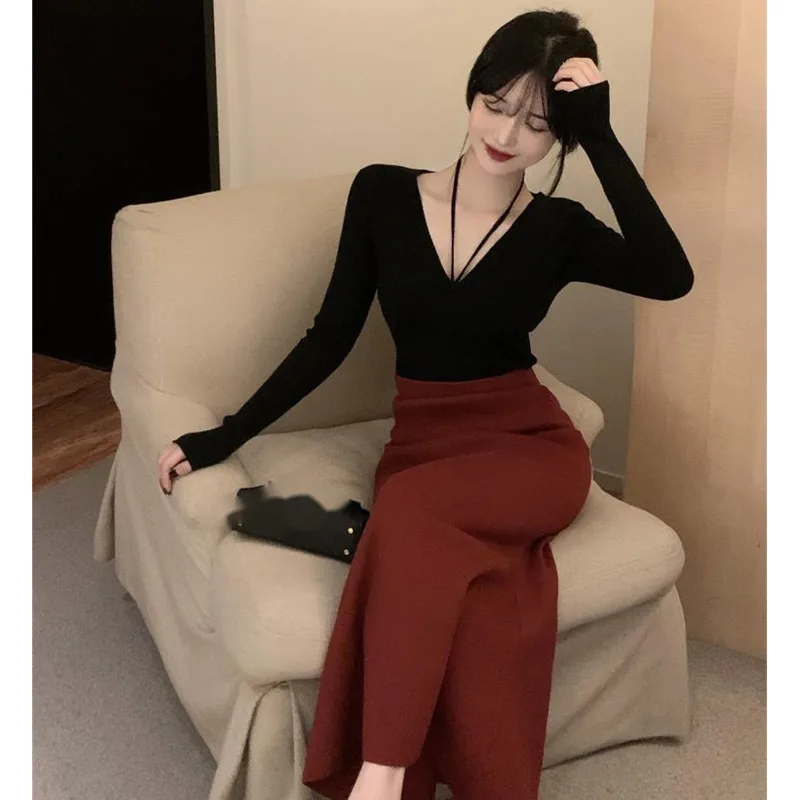 

Knit Sweater Women's Tight-fitting Black Tie Long-sleeved Bottoming Shirt Autumn Winter Solid Foreign Style Sweater Suit JIU8