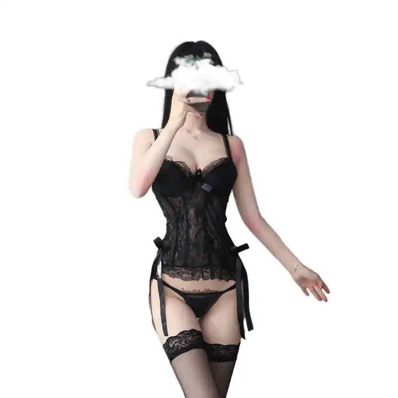 

Female erotic lingerie fashions steel cotton support sexy pillow thong vest adjustable toggle girdle tulle lace bra see-through