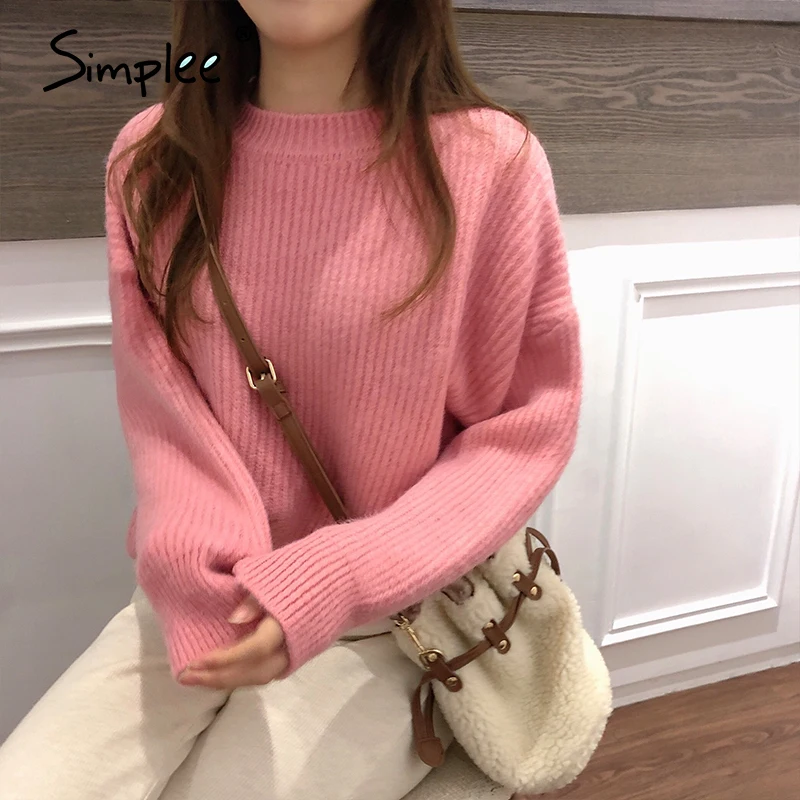 Simplee Autumn winter women's purple sweater Casual simple fashion knitted pullover Pink drop shoulder sleeve o-neck | Женская