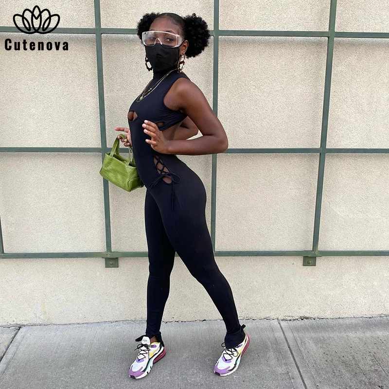

Cutenove Sexy Party Club Jumpsuit Summer Female 2021 Solid Color Backless Hollow Out Patchwork Jumpsuit Women Streetwears