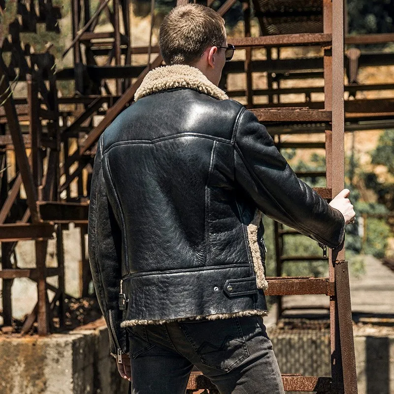 Модная мужская куртка Авиатор из натуральной кожи 6XL овечьей шерсти зимнее