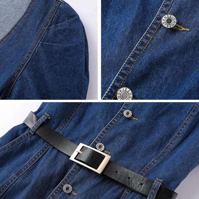 

French Style Square Collar Blue Denim Dress Women Elegant Puff Sleeve Single Breasted Midi Dress Chic A-Line Dresses With Belt