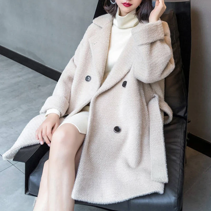 

2021 Winter Women Wool Coat Korean Warm Outwear Female Belted Blends Thicken Loose Jacket Fashion Mid Length Office Coats Beige