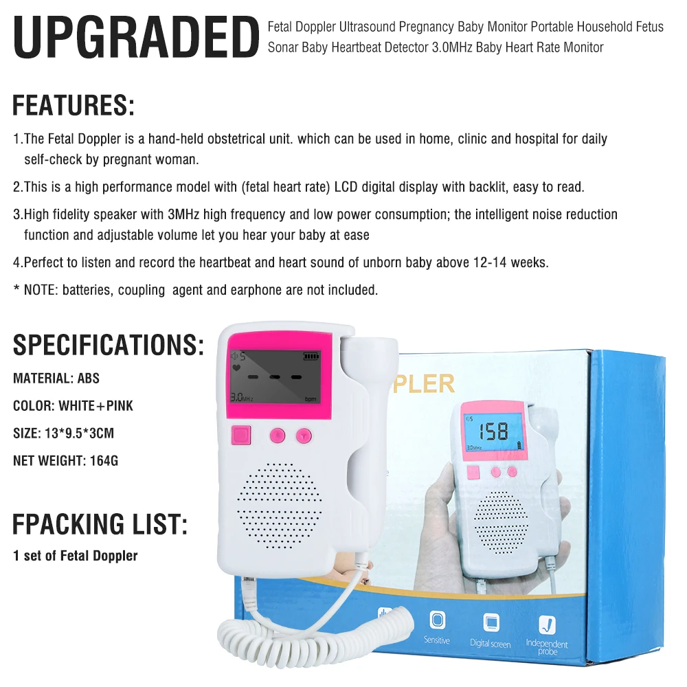 

Upgraded 3.0MHz Doppler Fetal Heart rate Monitor Home Pregnancy Baby Fetal Sound Heart Rate Detector LCD Display No Radiation