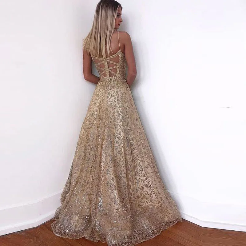 

A Line Gold Sequins Bling Bling Prom Dresses Floor Length Illusion Back Formal Lady Gown Sweetheart Neckline Evening Dress