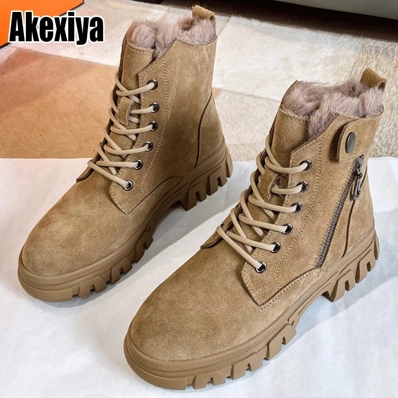 

Women's Ankle Boots 2021 Winter Split Leather Casual Women Shoes Warm Plush Ladies Rubber Sole Boots Women Winter Ankle Boot