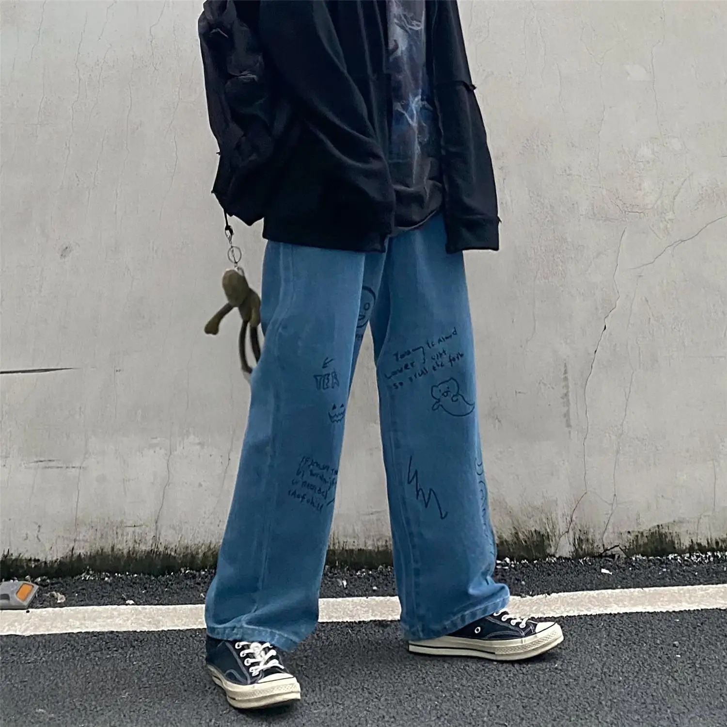 

New Wash Denim Trousers Men And Women Retro Prints Loose Streetwear College Style Casual Straight Leg Commuter Wide-Leg Pants