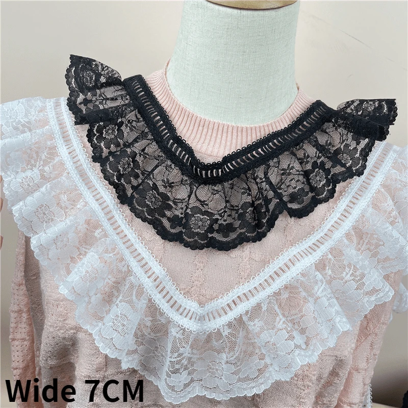 

7CM Wide White Black Tulle Hollow Embroidered Fabric Lace Collar Cuffs Fringe Ruffle Trim Dress Guipure Apparel DIY Sewing Decor
