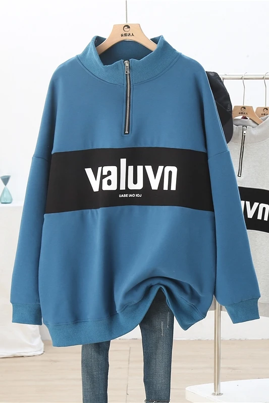 

Zipper Stand Collar Long Sleeve Pullovers Top Thick Velvet Loose Letter Cotton Hoodies All-match Students Sweatshirts Spring